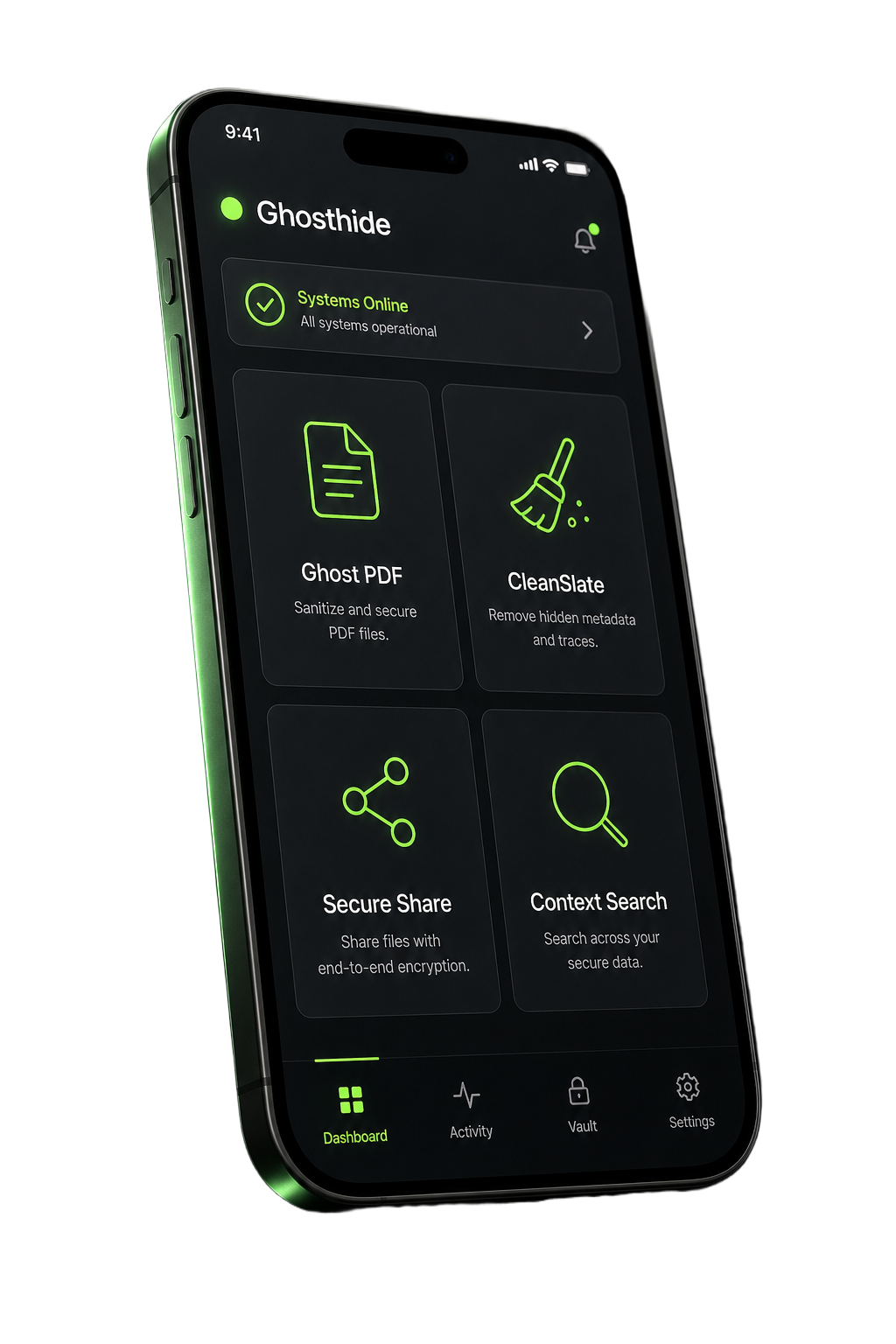 Ghosthide mobile dashboard showing Ghost PDF, CleanSlate, Secure Share, and Context Search tools on a dark Flutter UI